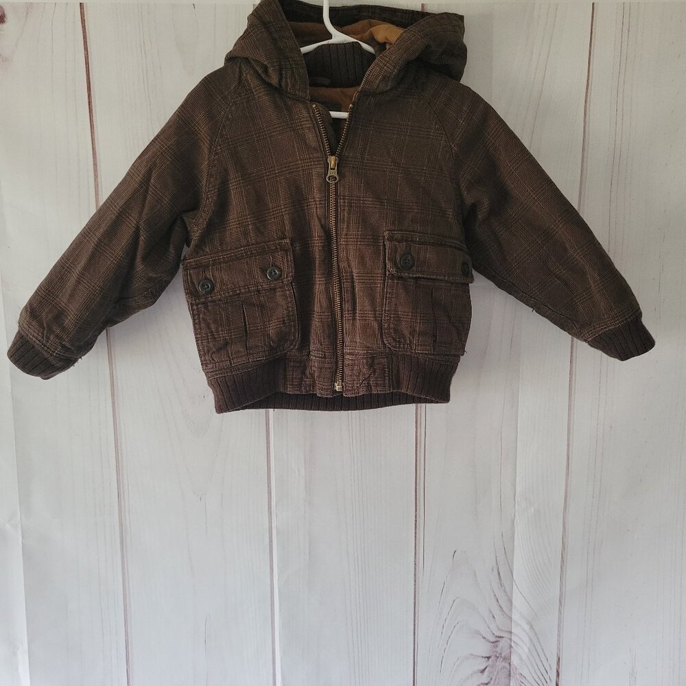 Baby Gap Brown Plaid Hooded Jacket, Toddler 3 yrs, Front Zip, 2 Button Flap EUC